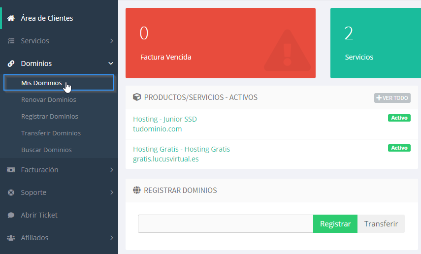 Sección de dominios en el área de cliente de LucusHost
