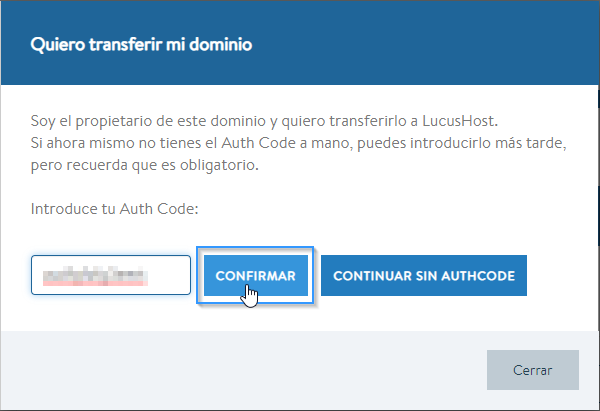 Introducir authcode para transferir un dominio a LucusHost