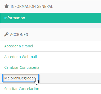 Mejorar o degradar un servicio desde el área de cliente de LucusHost