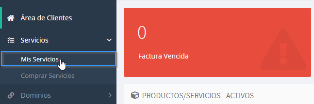 Sección servicios del área de cliente de LucusHost