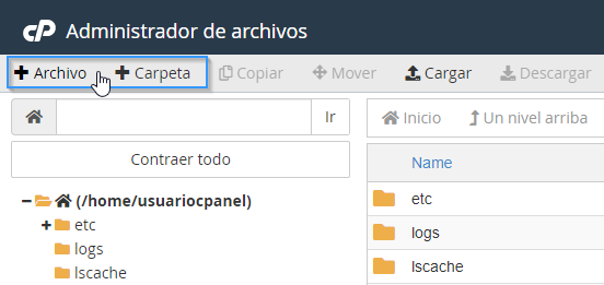 Crear nuevo fichero en el administrador de archivos de cPanel