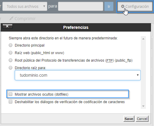 Configuración del administrador de archivos de cPanel