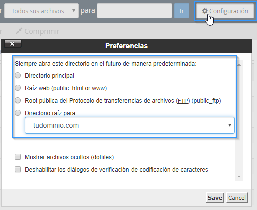 Configuración del administrador de archivos de cPanel