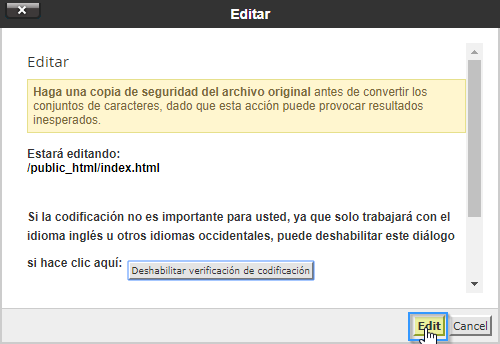 Editar un fichero en el administrador de archivos de cPanel