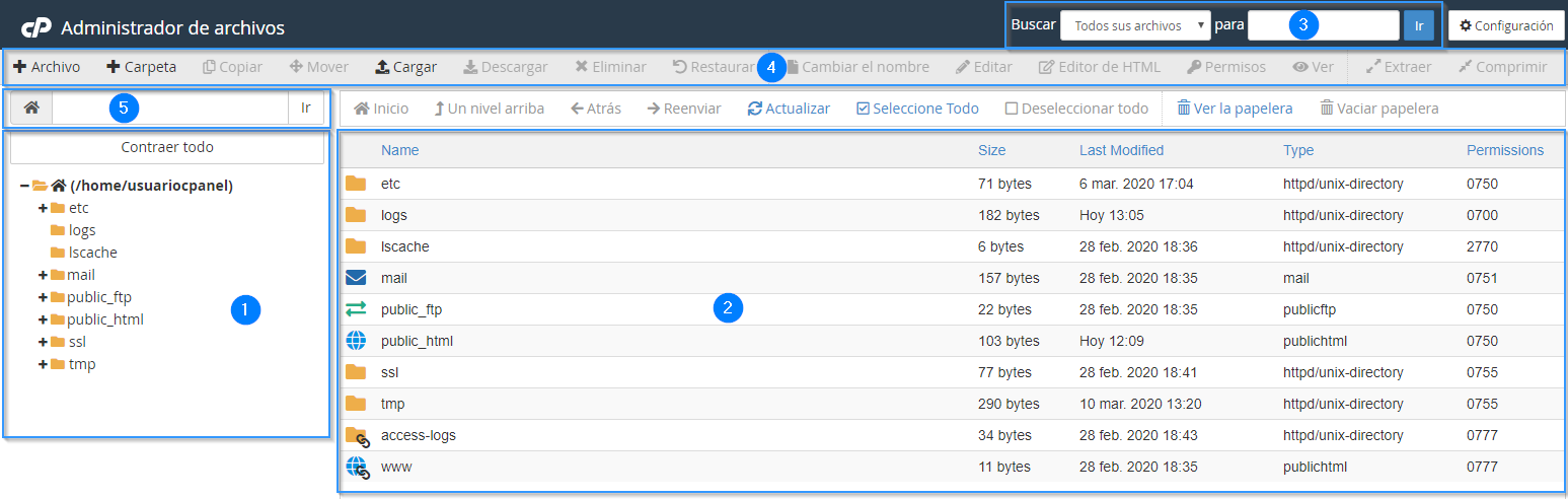 Secciones del administrador de archivos de cPanel