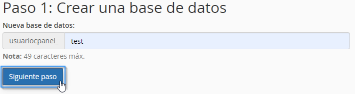 Introducir nombre de la base de datos en el asistente de cPanel