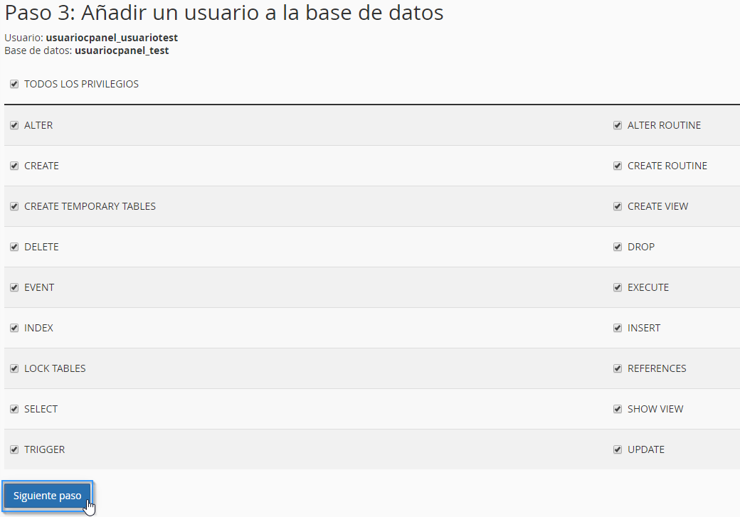 Establecer permisos del usuario de la base de datos