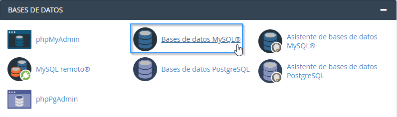 Sección bases de datos MySQL cPanel