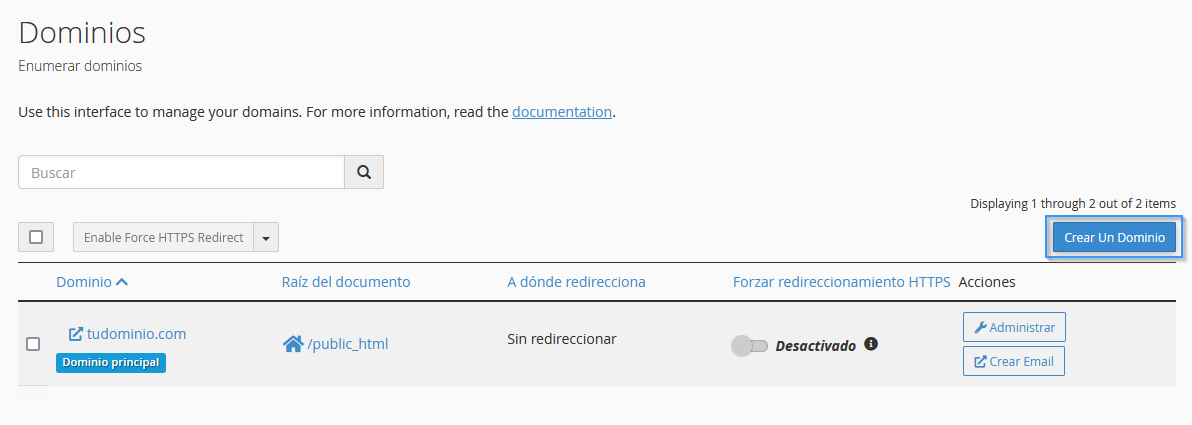 Sección "Crear nuevo dominio" en cPanel