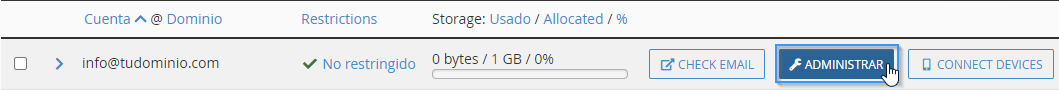 Botón de administrar una cuenta de correo en cPanel