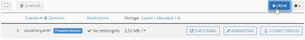 Botón para crear una cuenta de correo electrónico en cPanel