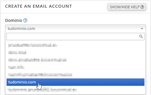 Seleccionar un dominio para crear una cuenta de correo electrónico en cPanel