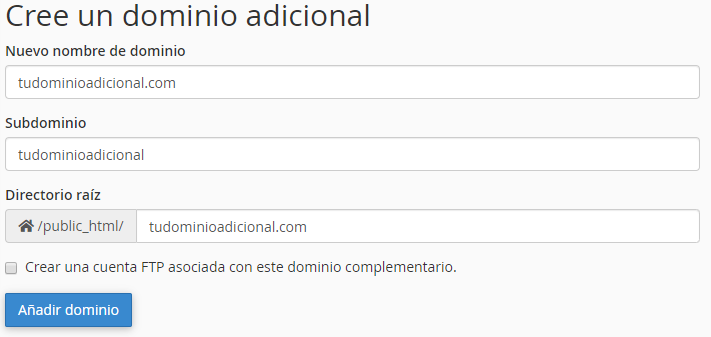 Establecer datos de un dominio adicional en cPanel