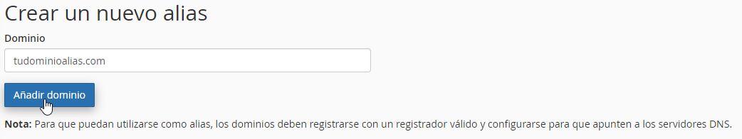 Agregar datos de un dominio alias en cPanel