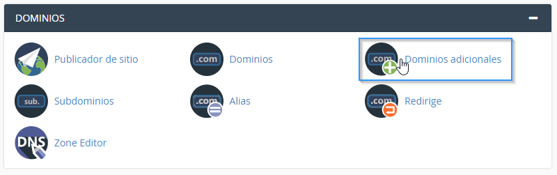 Sección de dominios adicionales en cPanel