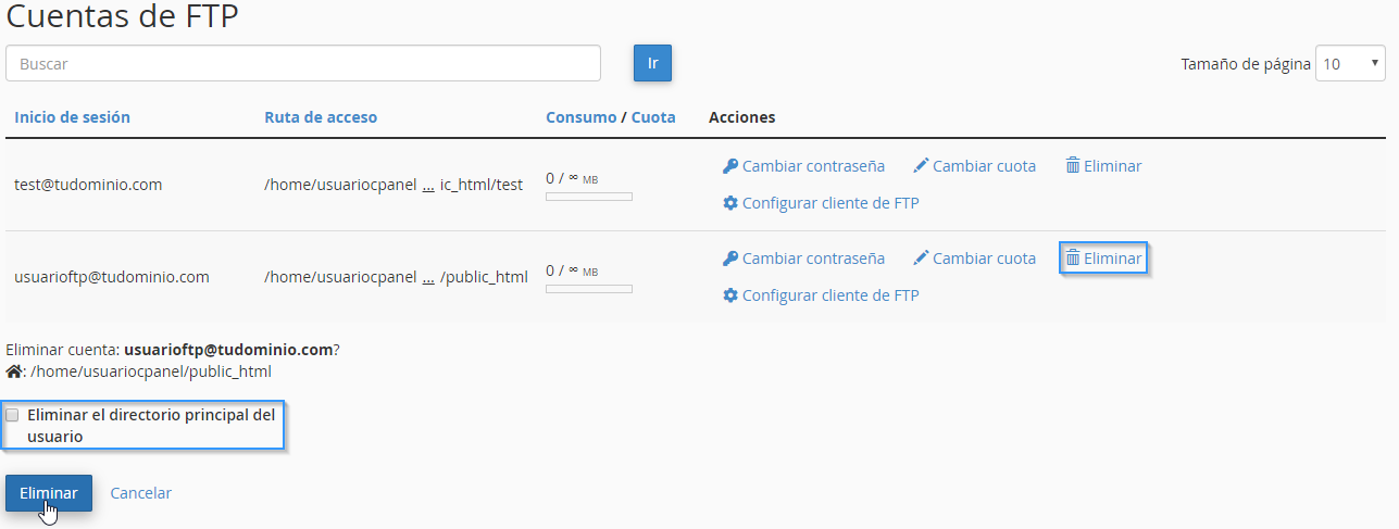 eliminar un usuario FTP en cPanel