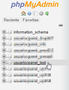 Seleccionar base de datos en PHPMyAdmin