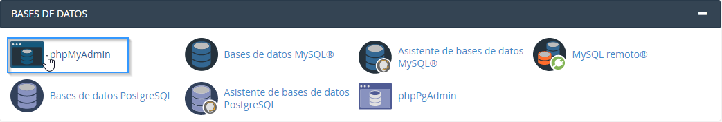 Sección de phpMyAdmin de cPanel