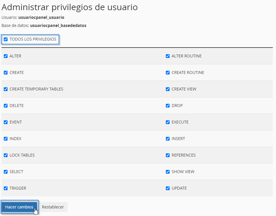 Asignar privilegios a un usuario de una base de datos MySQL