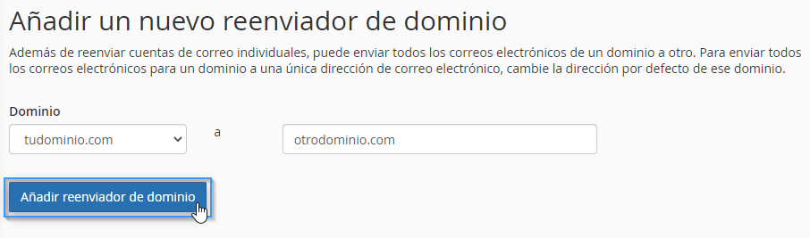 Confirmar el reenviador de dominio en cPanel