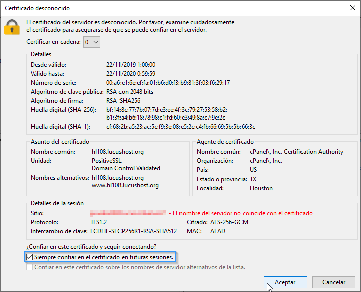 Aceptar certificado de seguridad en FTP