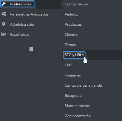 Sección de Preferencias SEO en PrestaShop 1.6