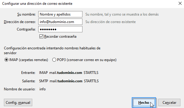 Finalizar la configuración de una cuenta de correo en Thunderbird.