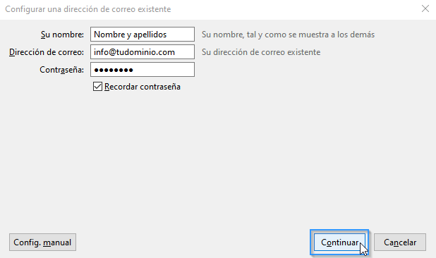 Establecer los datos de conexión en Thunderbird