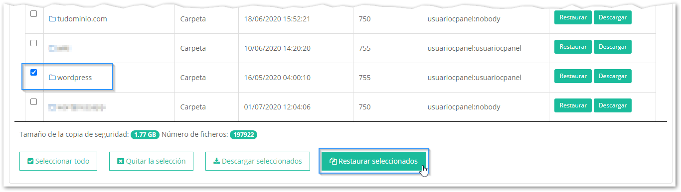 Restauración de varios ficeros o directorios con Premium Backup