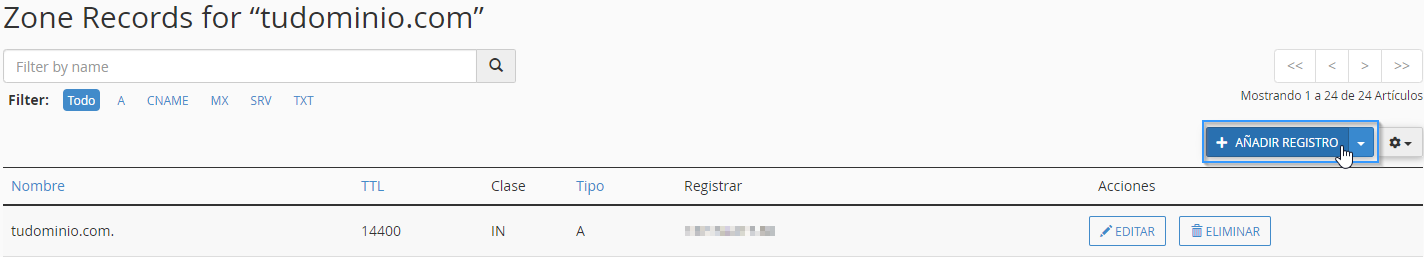 Añadir un registro en el editor de zonas DNS de Cpanel
