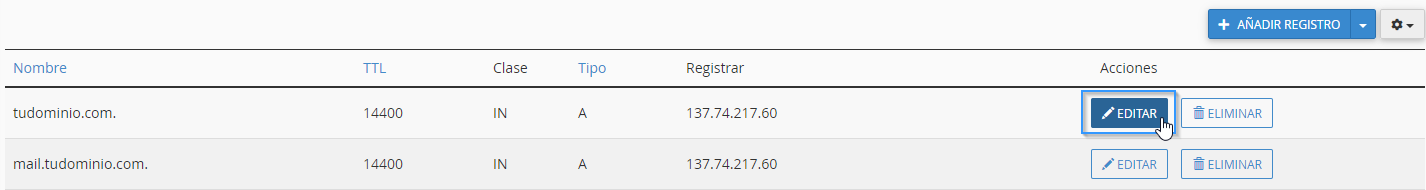 Editar un registro en el editor de zonas DNS de cPanel