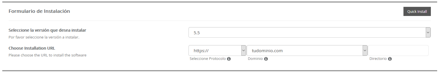 Formulario para instalar WordPress con Softaculous