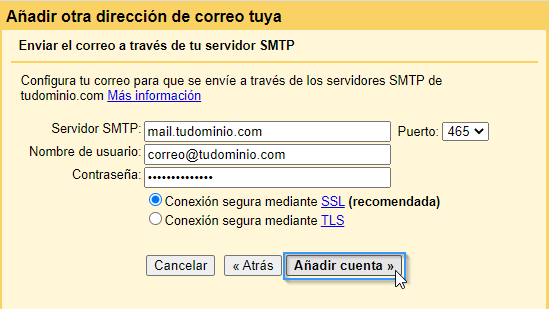 Configurar datos del correo saliente en Gmail