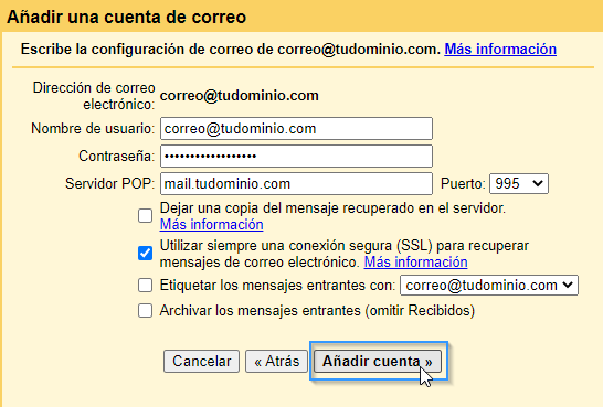 Datos de configuración de una cuenta de correo de tu dominio en Gmail