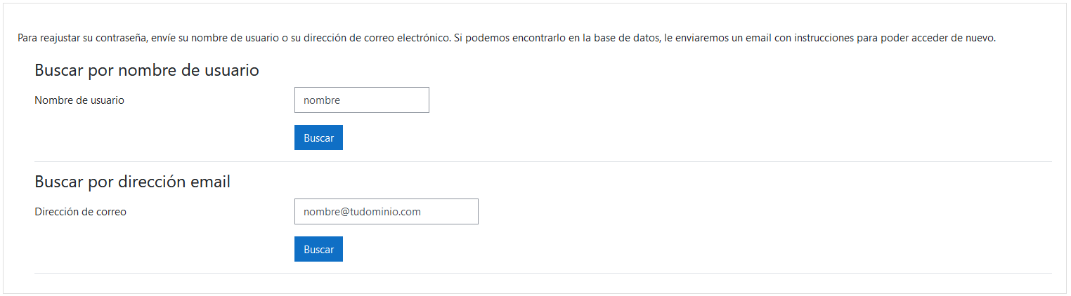 Introducir nombre de usuario o email para regenerar la contraseña de Moodle