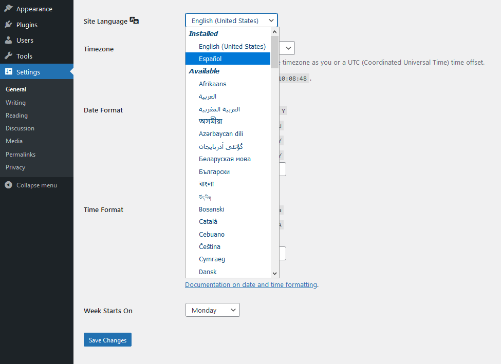 Cambiar el idioma en WordPress