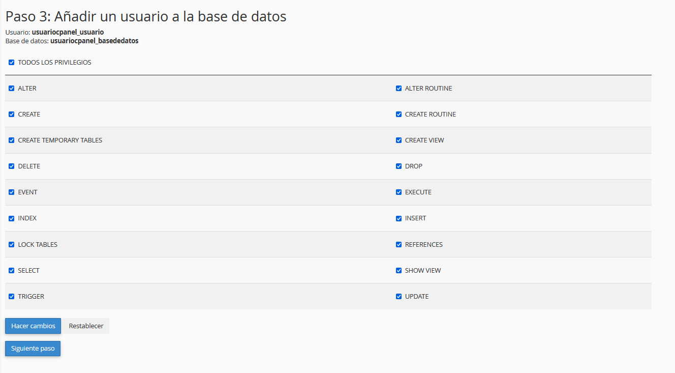 Establecer permisos del usuario de la base de datos