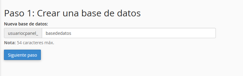 Introducir nombre de la base de datos en el asistente de cPanel