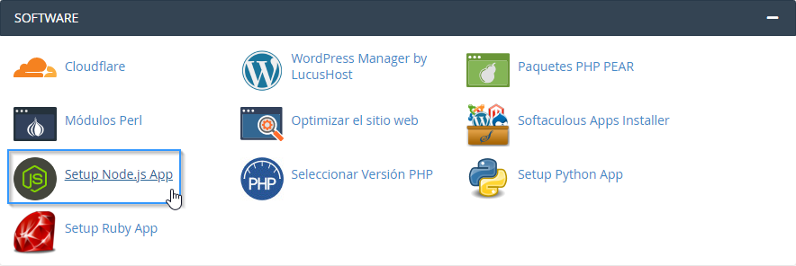 Abrir la herramienta Setup Node.js App en cPanel