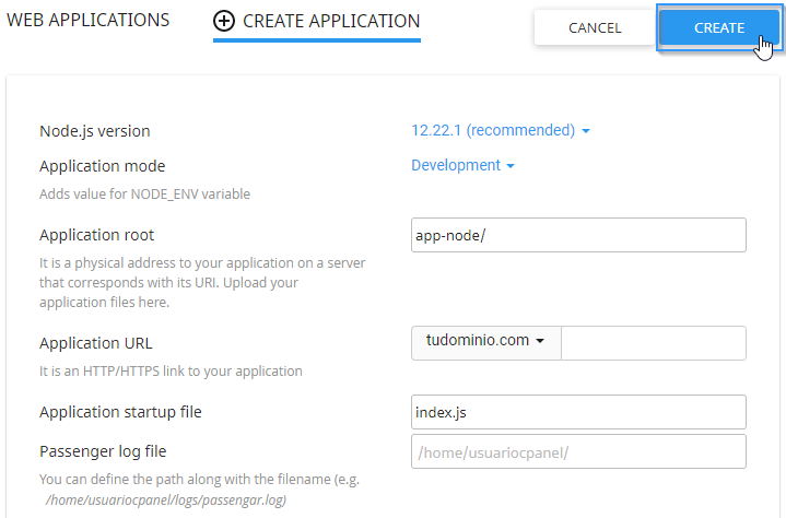 Inotroducir los datos para ejecutar una aplicación Node.js