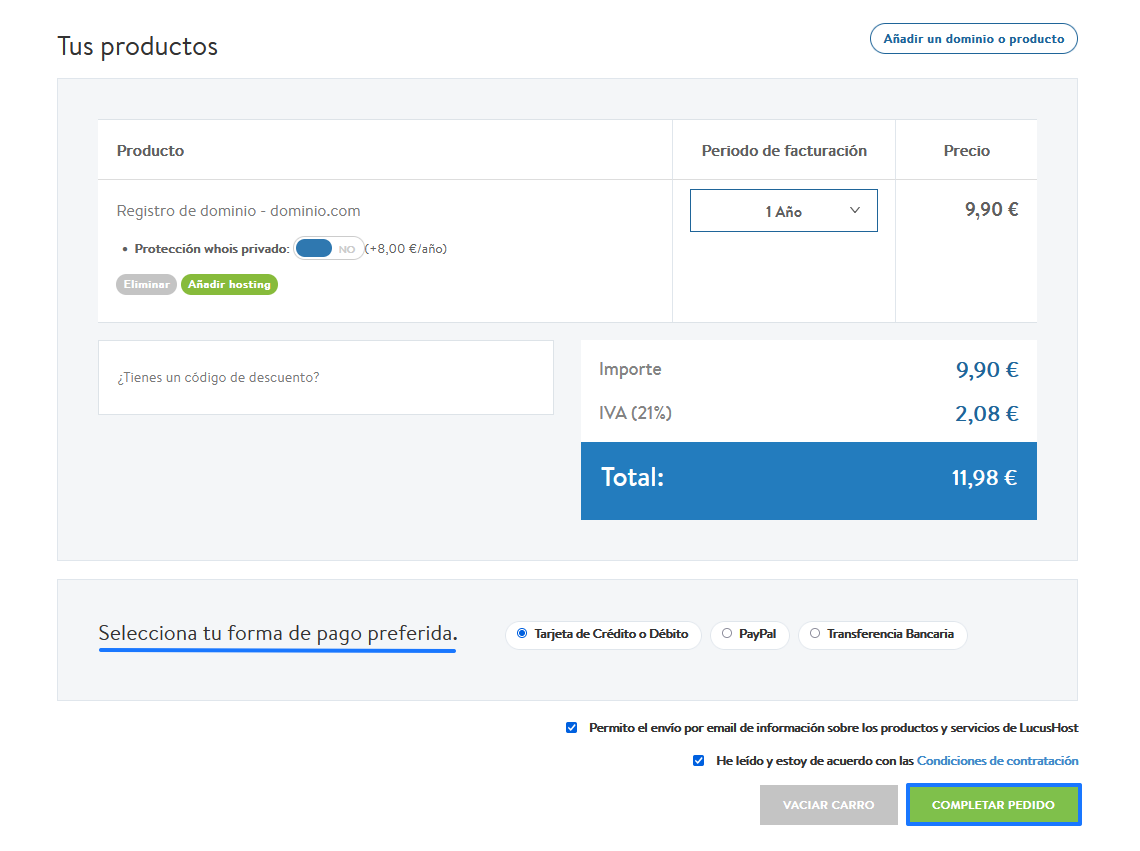 Completar el registro de un dominio .com en LucusHost