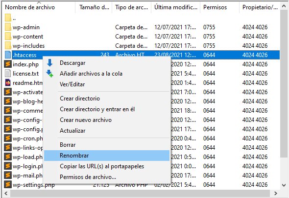 Renombrar el .htaccess de WordPress