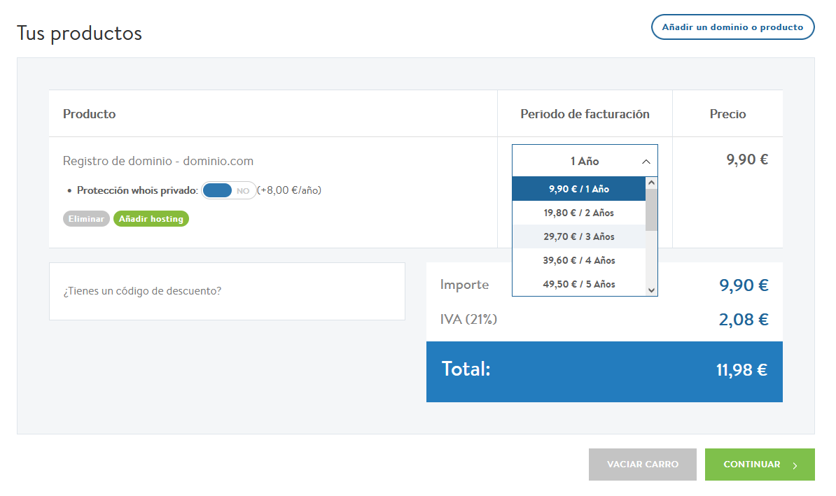 Seleccionar el período de facturación para registrar un dominio .com