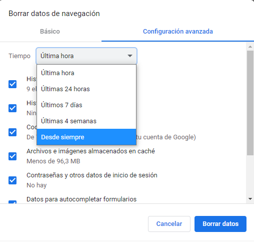 Borrar la caché del navegador en Chrome