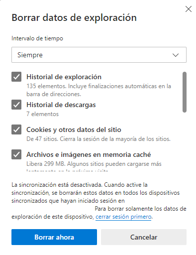 Borrar la caché del navegador en Edge