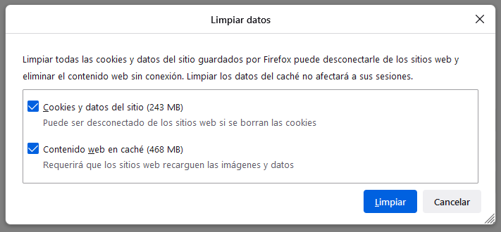 Borrar la caché del navegador en Firefox