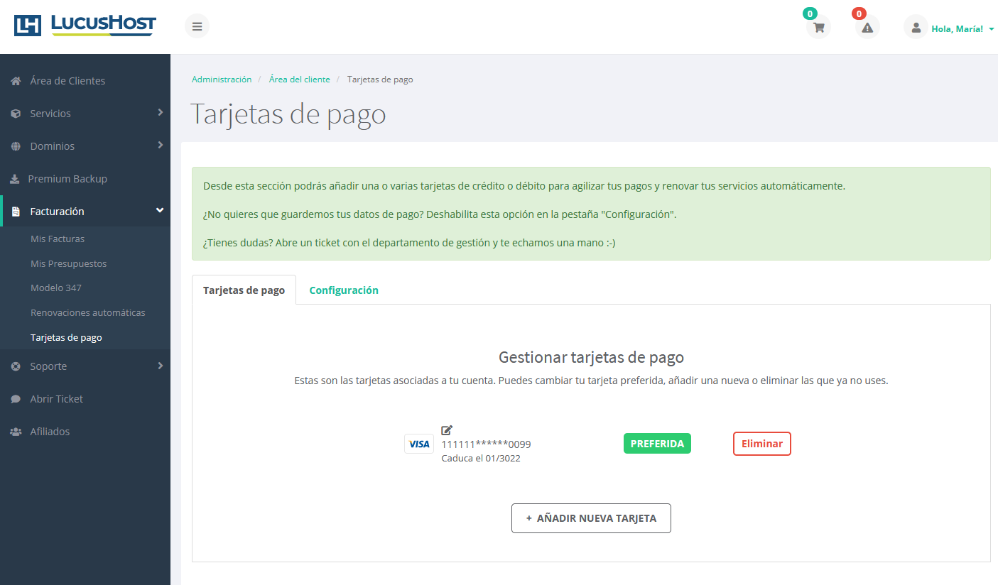Eliminar una tarjeta de pago del área de cliente de LucusHost