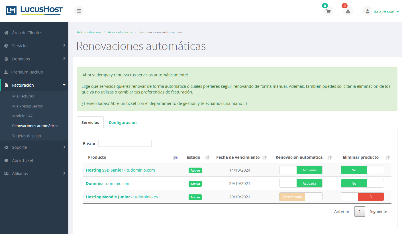 Gestionar las renovaciones automáticas desde el área de cliente de LucusHost