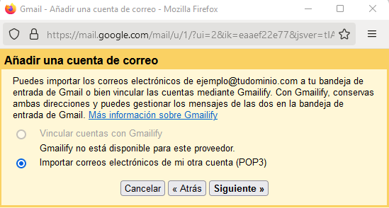 Aviso al añadir una cuenta de correo corporativo en Gmail