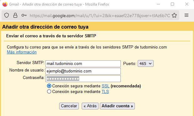 Establecer los datos del servidor SMTP en Gmail